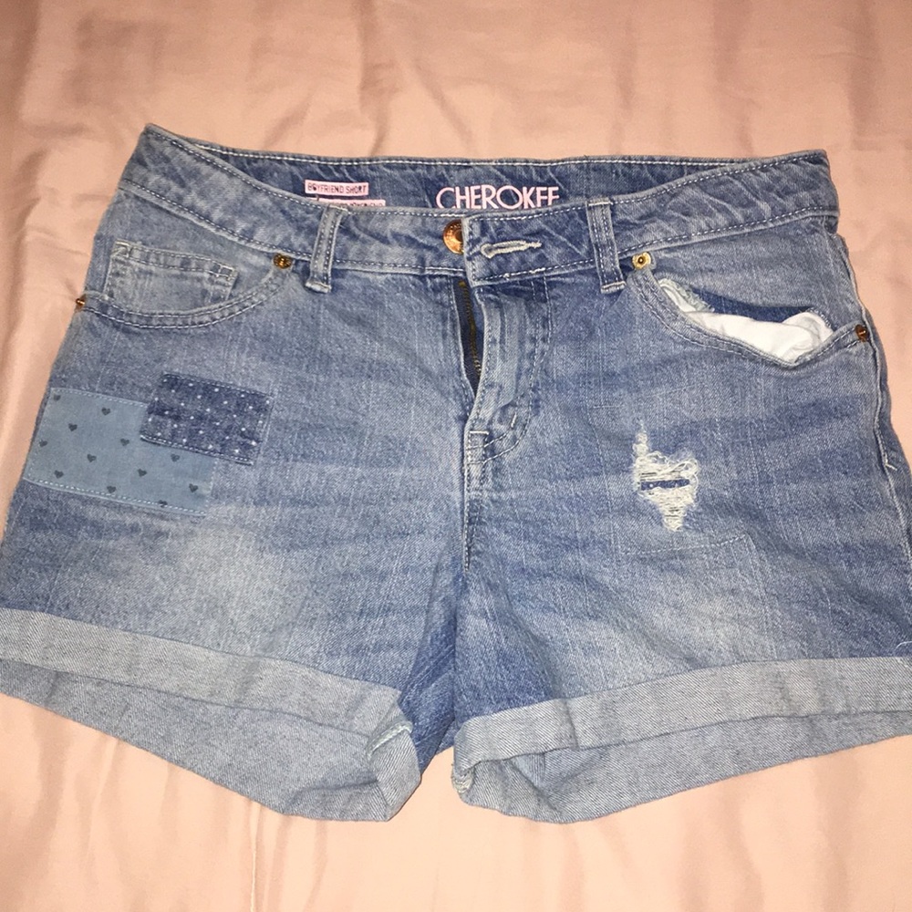 Denim shorts with decorative patching